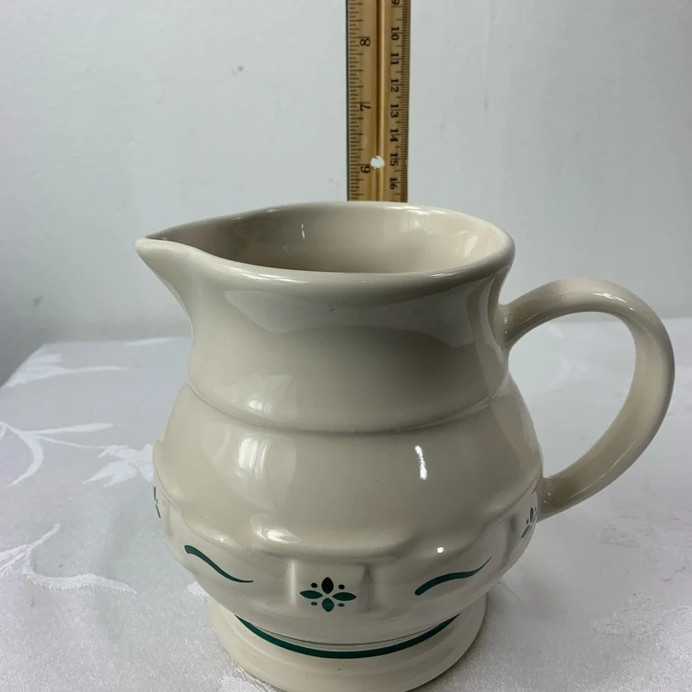 Longaberger Pottery Pitcher White and green 6”Tall